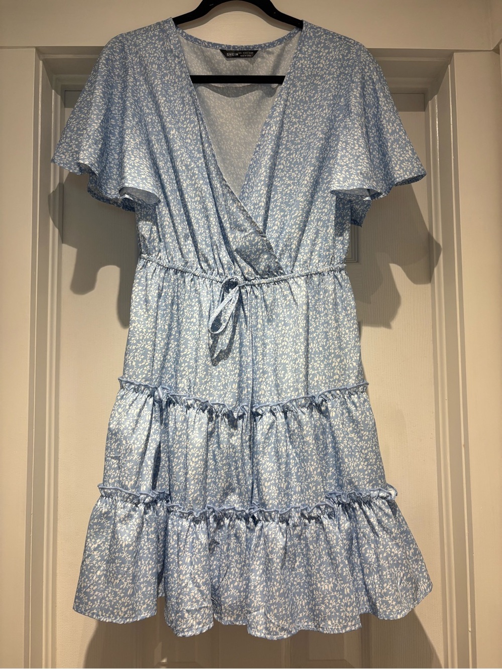 SHEIN Light Blue Floral Wrap Tiered Ruffle Mini Dress (never worn)